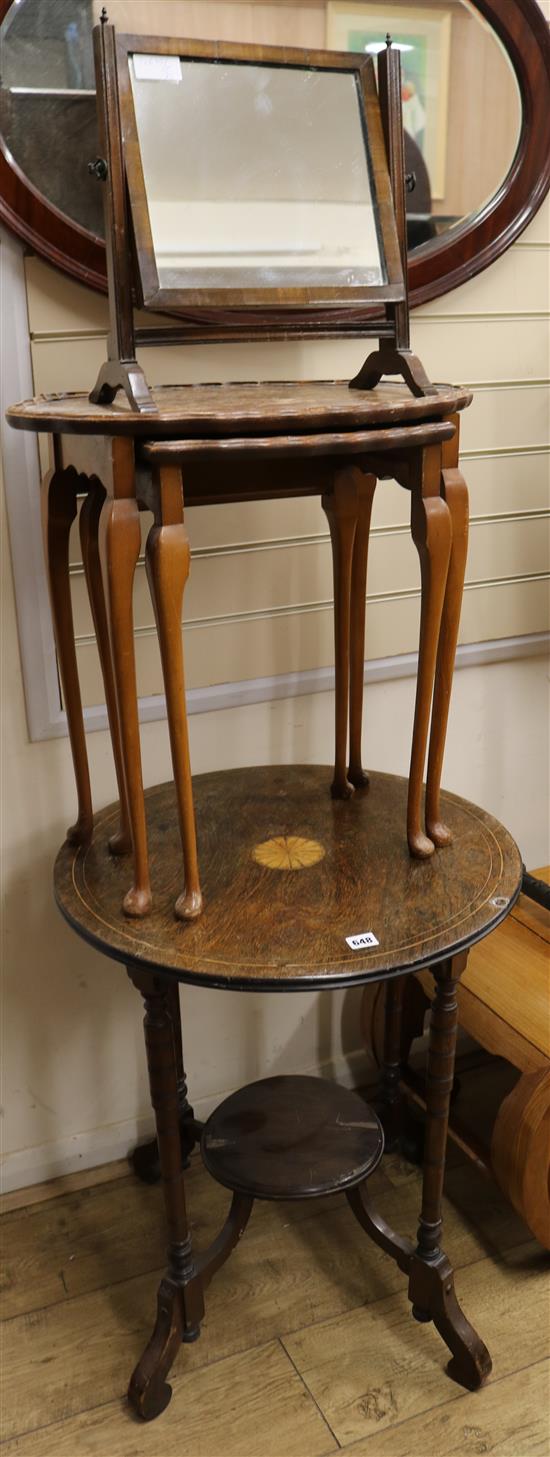 An Edwardian mahogany circular occasional table, an oval occasional table, a small dressing table mirror